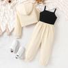 Girls Fashion Set Autumn and Winter Children's Casual Sports Printed Hoodie Solid Color Halter Pants Three-piece Set