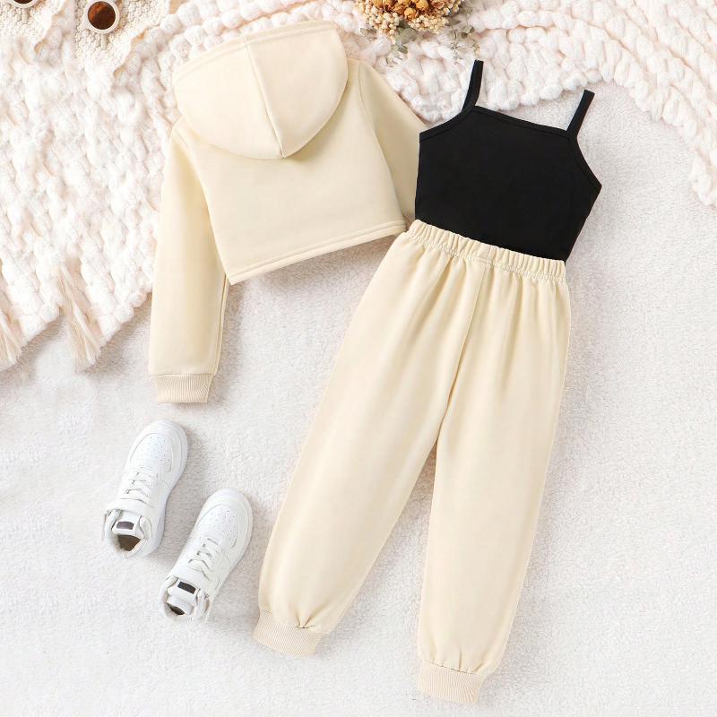 Girls Fashion Set Autumn and Winter Children's Casual Sports Printed Hoodie Solid Color Halter Pants Three-piece Set