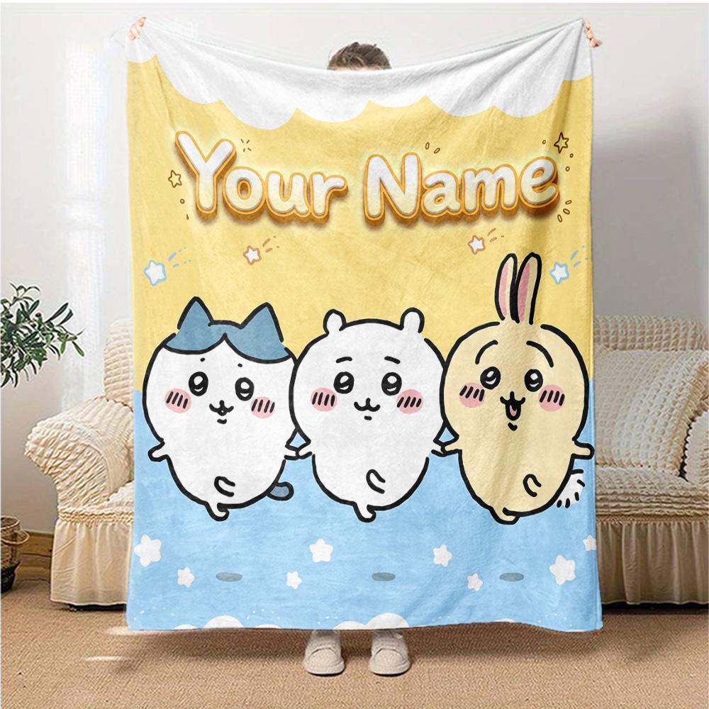 1pc Chiikawa Blanket with Custom Name, Gift, for Men and Women, Soft Blanket, Good for Sofa Bed Couch Travel, Lightweight Flannel Blanket
