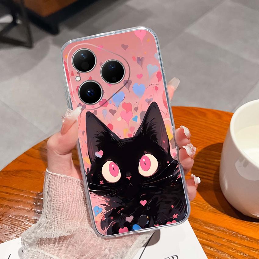For Huawei Pura 80 70 Pro Plus Ultra Honor X6C 8C Phone Bags Cute Big Eyed Black Cat Patterns Luxury Transparent Lens Protection Case For Huawei Shell