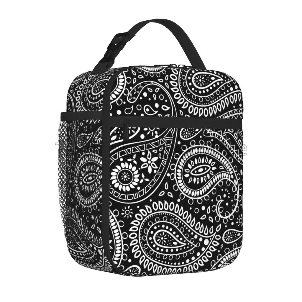 Red Black Paisley Mandala Lunch Box Portable Insulated Lunch Bag Reusable Cooler Tote Bag for Women Men Work Picnic Beach Hiking