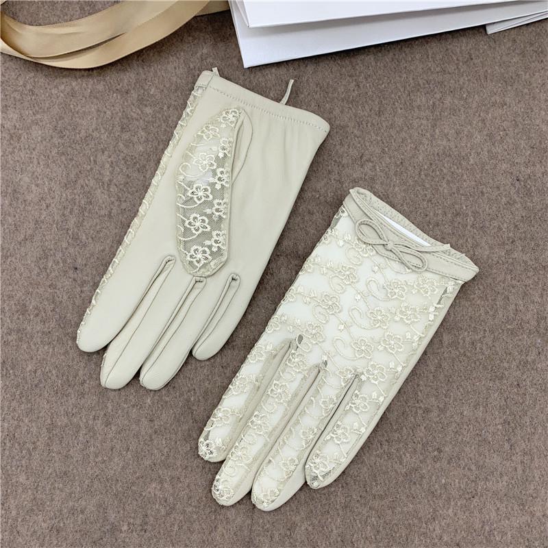 Guanti in Pelle di Pecora con Pizzo da Donna, Protezione Solare Estiva, Fiocco Carino, Touchscreen, Stile Coreano, per Guidare e Andare a Cavallo