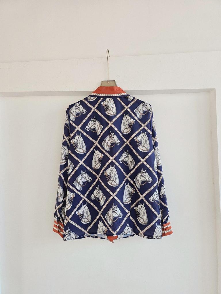 Xue Zhiqian Women's 2026 Silk Tie Shirt with Horse Head Print, Long Sleeve Lapel