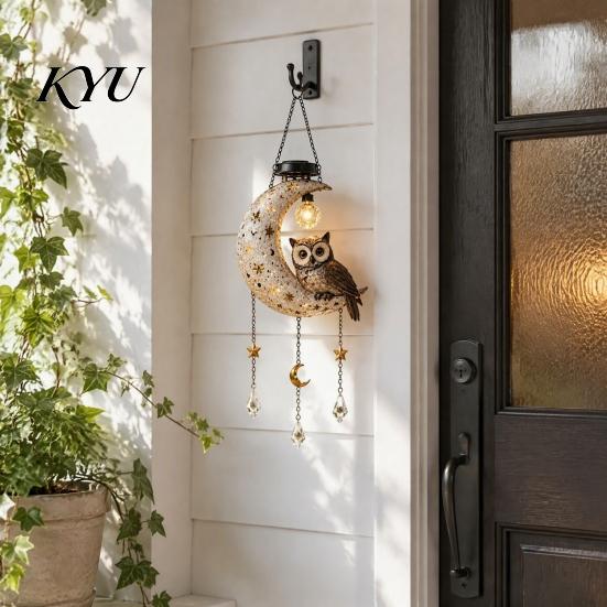 Crescent Moon Owl Solar Lanterns Owl/Cat Hanging Light, Outdoor Garden Wind Chime with LED Warm Atmosphere Lamps Waterproof Resin Decorative
