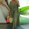 Women's V Neck Short Sleeve Tiered Maxi Dress Loose Fit Solid Vacation Beach Long Dress