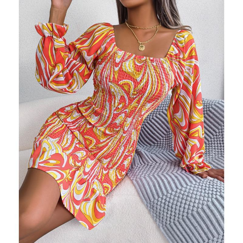 Women's Autumn/winter Sexy Square Collar Print Long Sleeve Ruffled Hip Wrap Dress