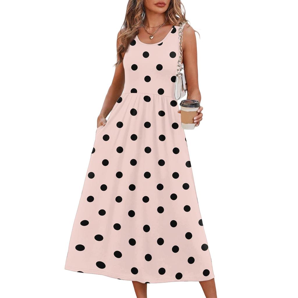 Women's Polka Dot Summer Dress, Casual Flowy Beach Sundress with Pockets, Lightweight Vacation Outfit