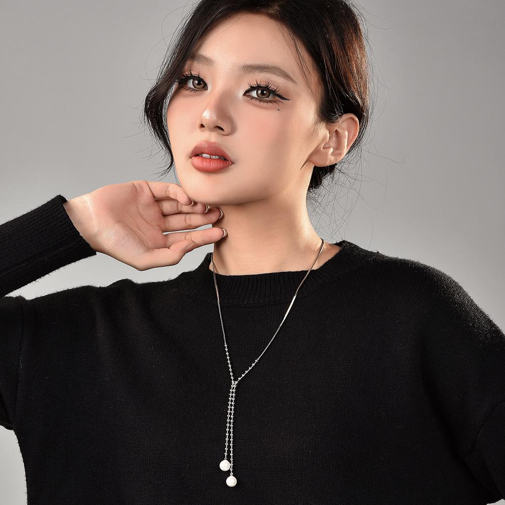 Pearl Pendant Titanium Steel Necklace Women'S Light Luxury Premium Sense K Gold Plated Fashion Sweater Tassel Clavicle Chain Women