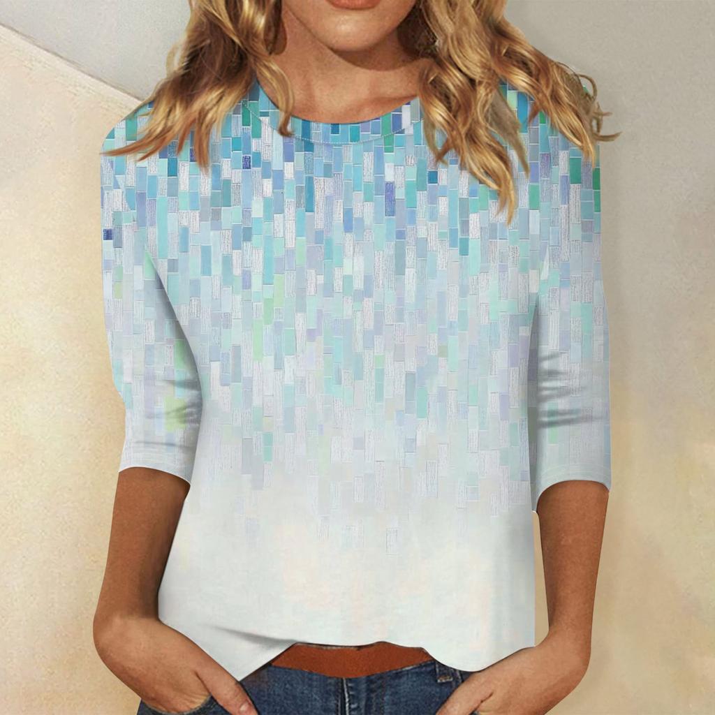 Casual Womens Round Neck Fashion 34 Sleeve Loose Printed Tshirt Ladies Top