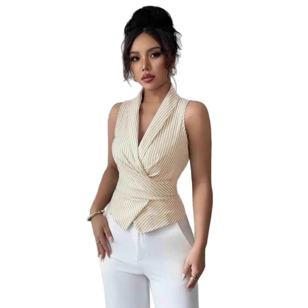 Women Pink White Striped Sleeveless Vest, Lapel Collar Wrap Surplice V Neck Ruched Cinch Waist Slim Fitted Tailored Waistcoat Top
