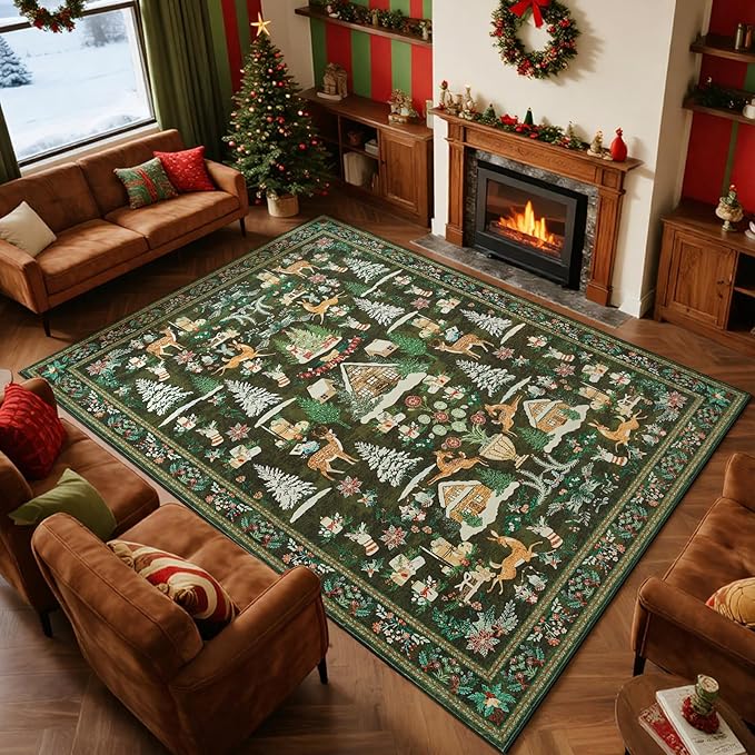 Christmas Carpet Mat Rug - Red Reindeer Tree Snowflake Pattern, Festive Living Room Soft Non-slip Floor Mat for Home Decoration
