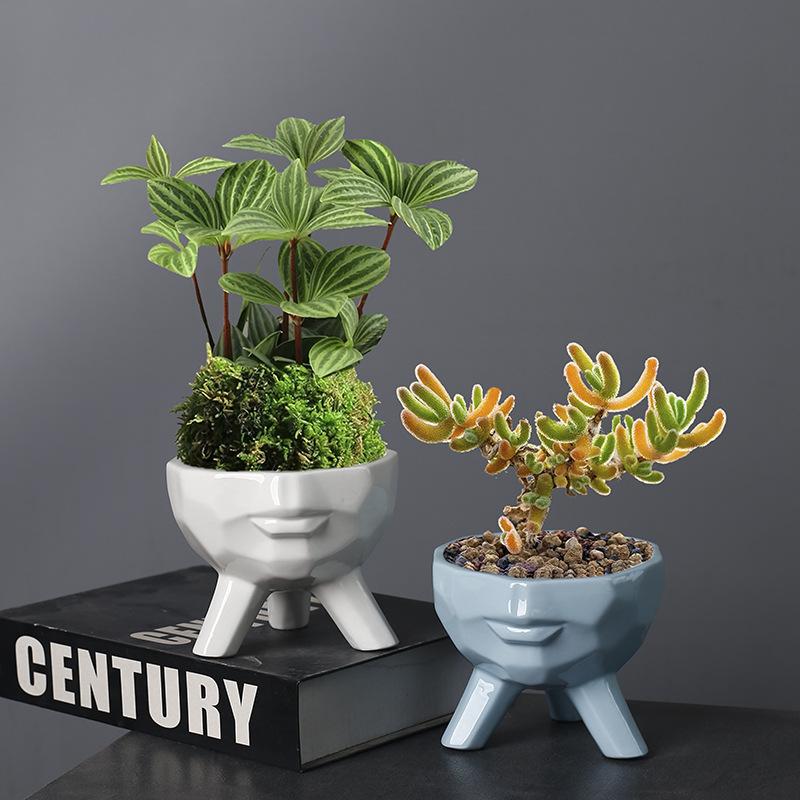 Ceramic Flower Pot Breathable Simple Nordic Style Portrait Pot Indoor Desktop Art Ornament Flower Pot Succulent Green Plant Flower Pot