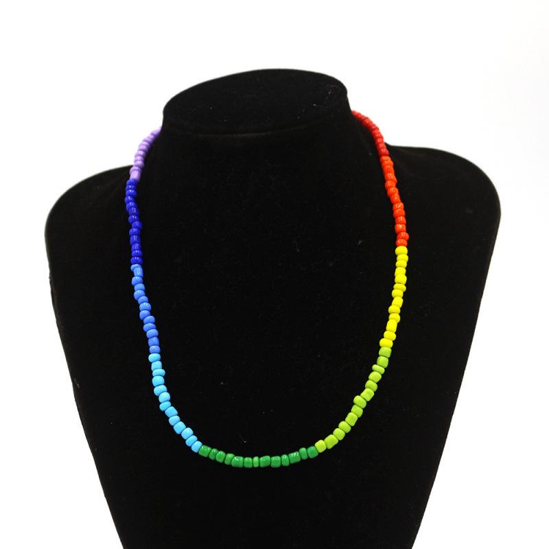 2022 European & American Rainbow Rice Bead Pendant Necklace: Summer Handmade Pure Color with Short Snake Bone Design