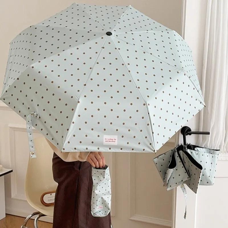 Summer Polka Dot Folding Umbrella 8 Ribs Windproof U Shape Handle Lightweight Manual UV Sunshade Rainproof Dual Use