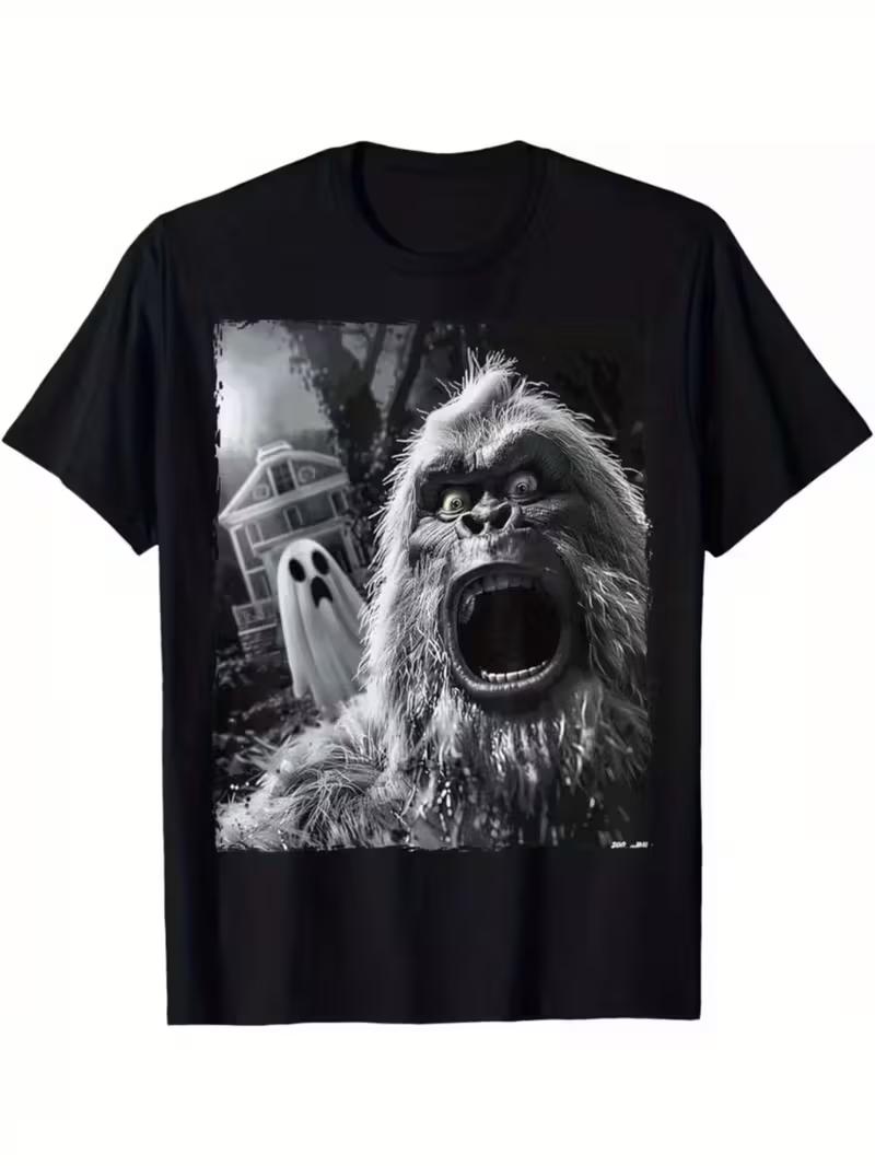 Retro Bigfoot And Alien Tshirt Humorous Cryptid UFO And Campfire Scene Graphic Short Sleeve Tops All Season Street Casual Wear S
