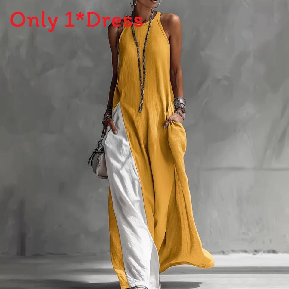 Polyester Splicing Sleeveless Loose Casual Dress With Pockets For Travel And Beach Use