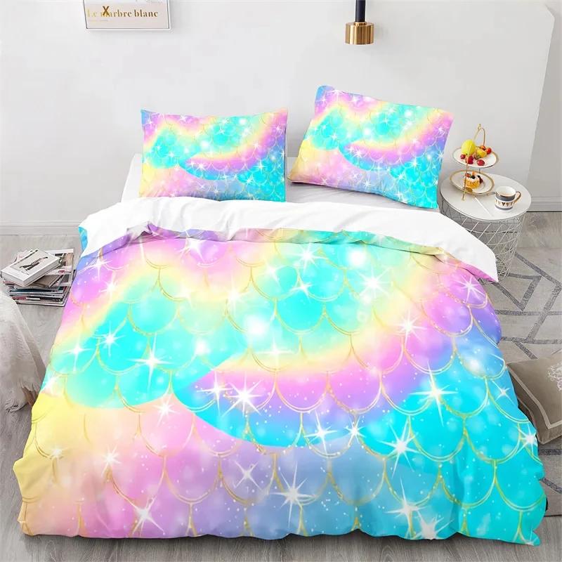 Colorful Fish Scales Bedding Set Twin King For Boys Girl Blue Pink Mermaid Skin Surface Print Duvet Cover Polyester Quilt Cover