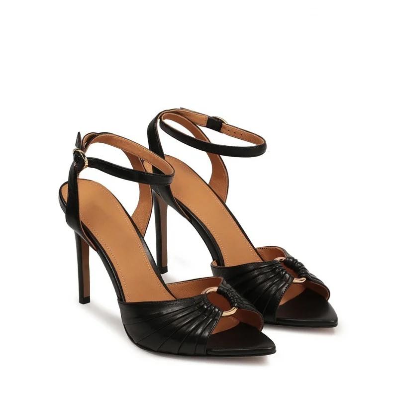 Fashion Brand Fashion Fish Mouth Metal Ring Fine Heel Sandals  European American Ankle Strap Banquet Simple High-heeled Shoes Size 34-45
