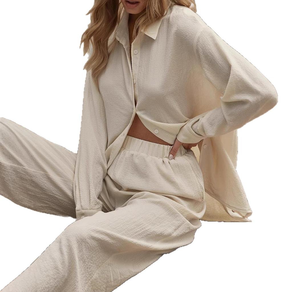 1116 European and American women's clothing solid color elastic waist pocket wide-leg pants casual fashion shirt set women's two-piece set