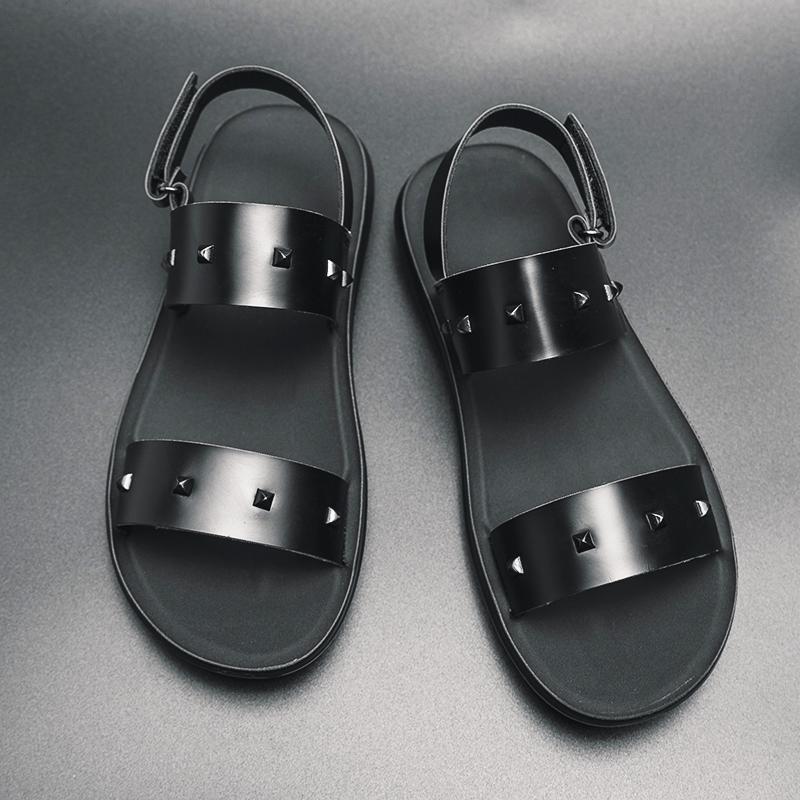 Fashion Summer New Men Gladiators Punk Rivet Leather Casual Shoes Breathable Beach Sandals Outdoor Slippers Black White Plus Size