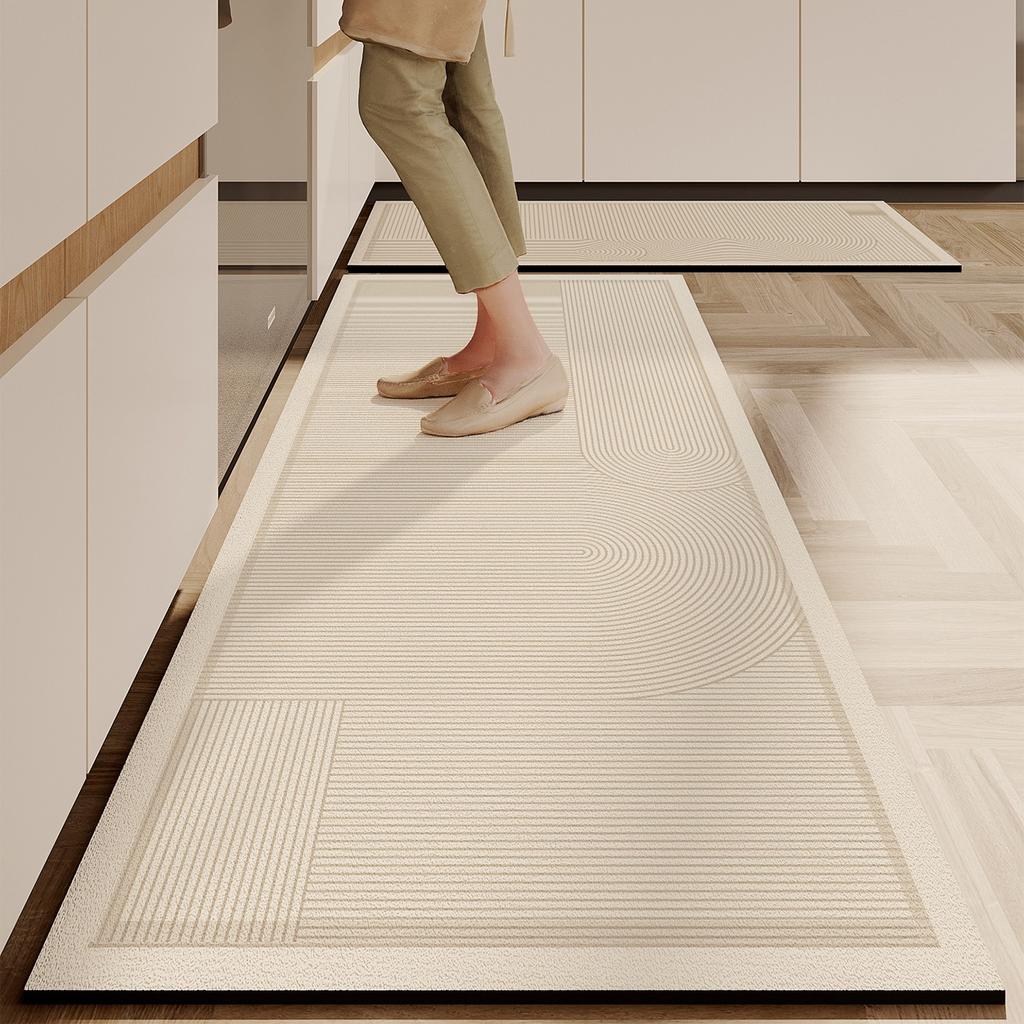 Kitchen Floor Mat Anti-Slip Oil-Proof Erasable Carpet Leather Pvc Waterproof Rug Black Line Texture Home Decoration Mats