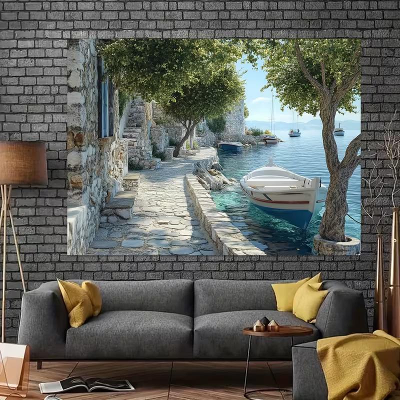 2D Mediterranean Seaside Photography Backdrop Greek Coastal Village Background
