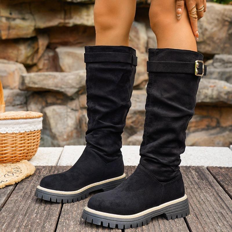 Women's Suede Western Cowboy Boots, Stacked Foldable Mid-Calf Riding Boots, Vintage Retro Biker Booties for Women