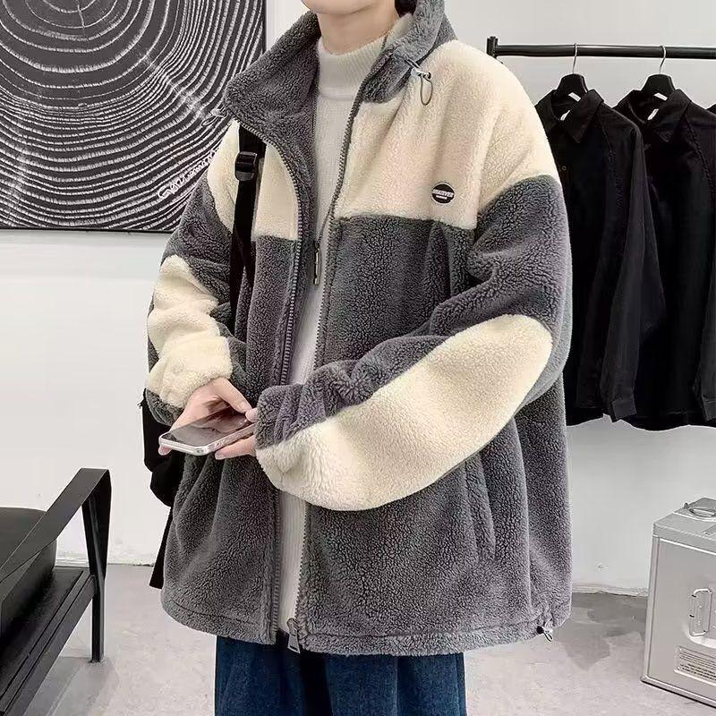Men's Trendy Hooded Cotton Jacket - Lambswool, Plus Size, Autumn/Winter, Hong Kong Style, Loose Fit, Casual, Warm, Couple's Outerwear