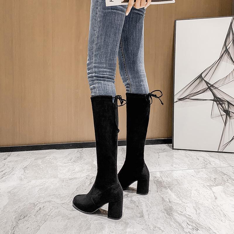 Knielange Stiefel aus elastischem Wildleder mit hohen Absätzen für Damen - Herbst/Winter 2024 Lange Stiefel mit runder Spitze