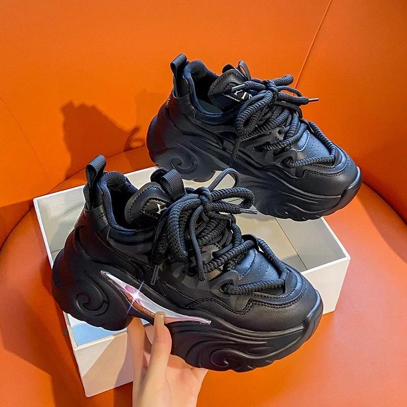 Fashion Thick Sole Women Breathable Leather Sneakers Fashion 8CM Heels High Platform Outdoor Sport Dad Shoes Trainers White Chunky Shoes