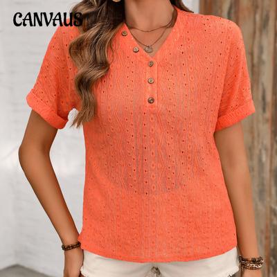 Summer Women's Plus Size Broken Crochet Hollow Decorative Button V-Neck Short Sleeve T-Shirt Top