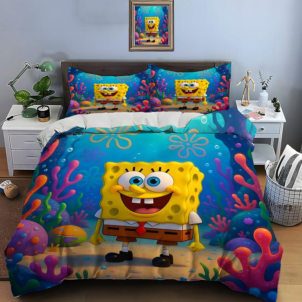 Multiple Sizes Spongebob Cartoon Print Bedding Set 1 Duvet Cover 2 Pillowcases Adult And Kids Bedding Set Luxury Gifts