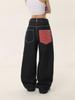 Jeans Rectos con Puño de Patchwork Cuadros Americanos - Pantalones Casuales Retro de Verano para Mujer