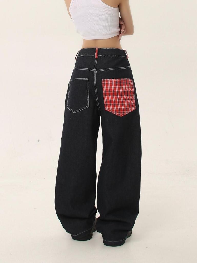 Jeans Rectos con Puño de Patchwork Cuadros Americanos - Pantalones Casuales Retro de Verano para Mujer