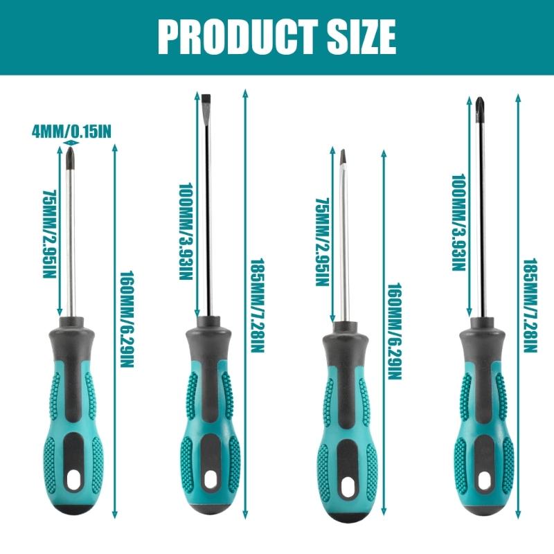 4Pcs Household Magnetic Screwdriver Set with 2 Flat & 2 Crosses Head Tip Heavy Duty Nonslip Softy Handle Screwdriver Set