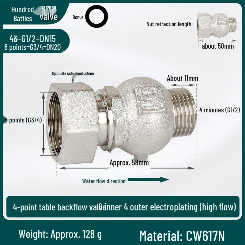Copper Anti-Spin Check Valve DN15mm 1/2" To 3/4" - High Flow Household Shut-off Valve