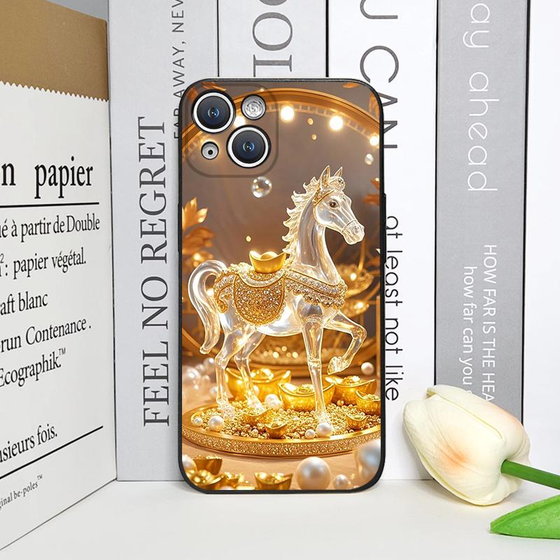 Luxury Crystal Golden Horse Pattern Phone Case for IPhone 17 16 12 11 14 Plus 13 15 Pro Max Mini X XS XR Shockproof Soft Covers