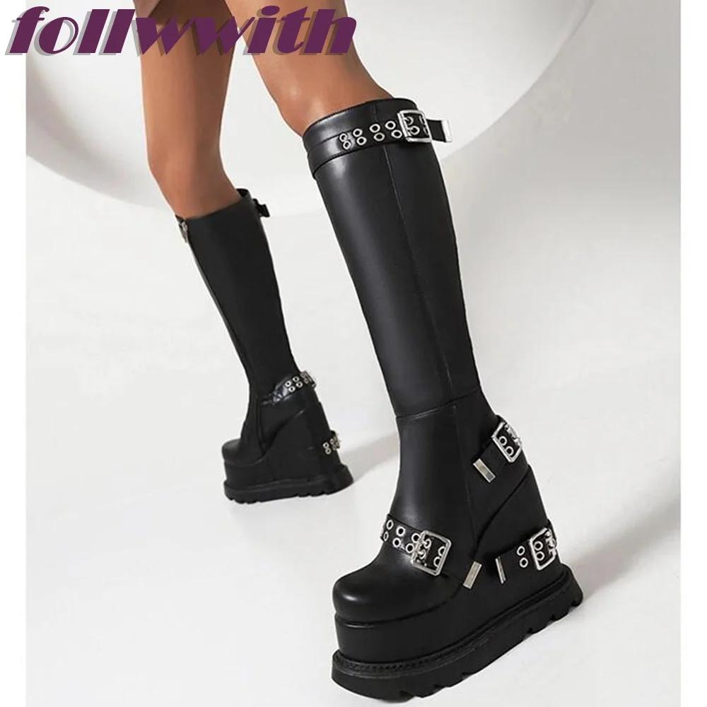 Fashion Metal Belt buckle zipper Solid Black height increasing Ladies New Boots round Toemid calf winter UniqueShoes