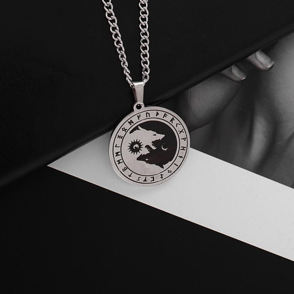 Odin Wolf Head Sun and Moon Rune Pendant Pendant Sun and Moon Logo Necklace