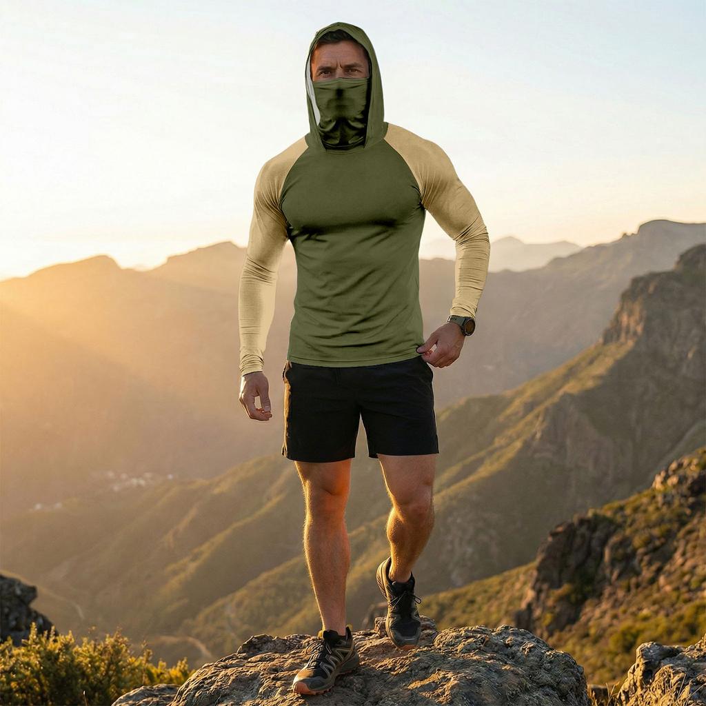 Maglia da Uomo a Maniche Lunghe con Cappuccio, Prestazioni Elevate, Mascherina Integrata e Maniche Raglan per Attività all'Aperto, Abbigliamento Sportivo