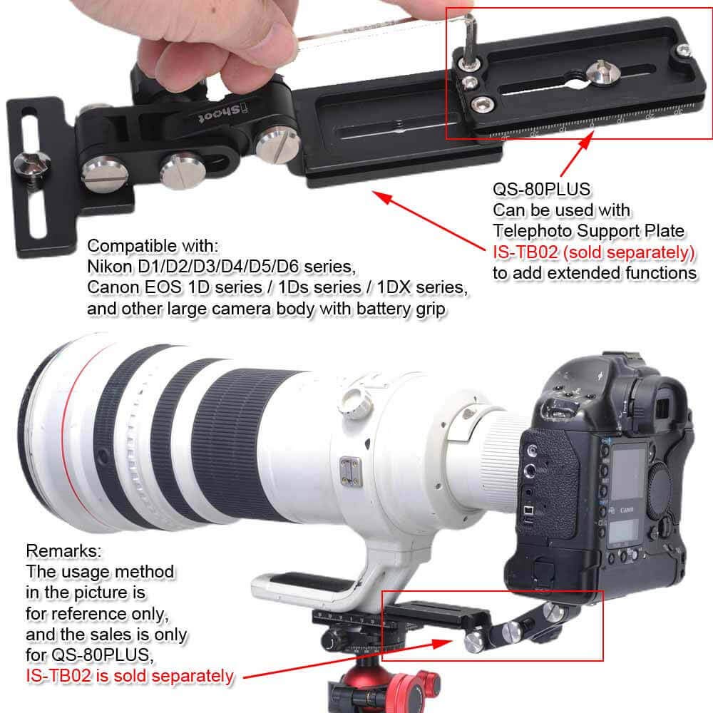 IShoot 80mm Schnellwechselplatte mit Metallgriff für große Kamera Kompatibel mit Nikon und D6 Canon EOS und 1DX und Passend für Stativ-Kugelkopfklemmen