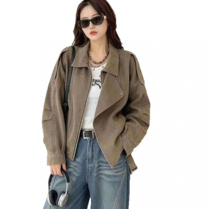 Womens Vintage Motorcycle Denim Jacket Loose Fit Casual Chic With Belted Waist Fall Style