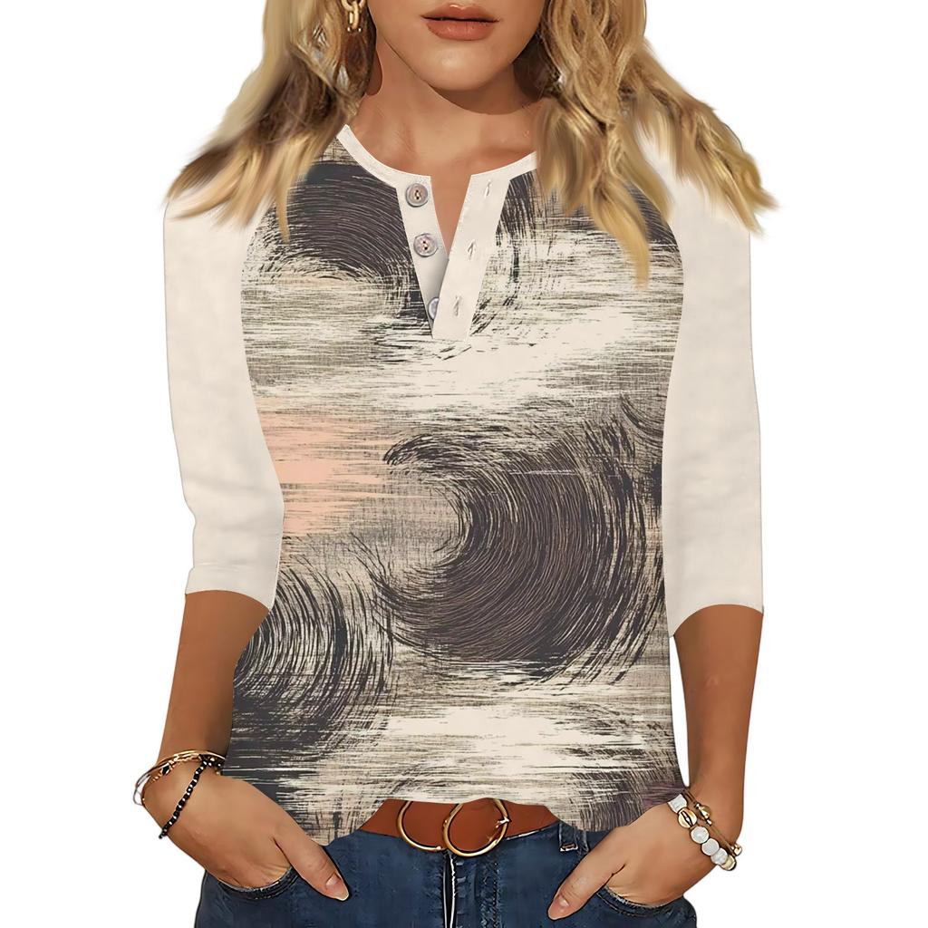 Women's T Shirt Print Button 3/4 Sleeve Daily Weekend Fashion Basic V- Neck Regular Top