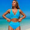 Black Two Piece Bikini Set with White Straps, High Waisted Deep V Swimsuit