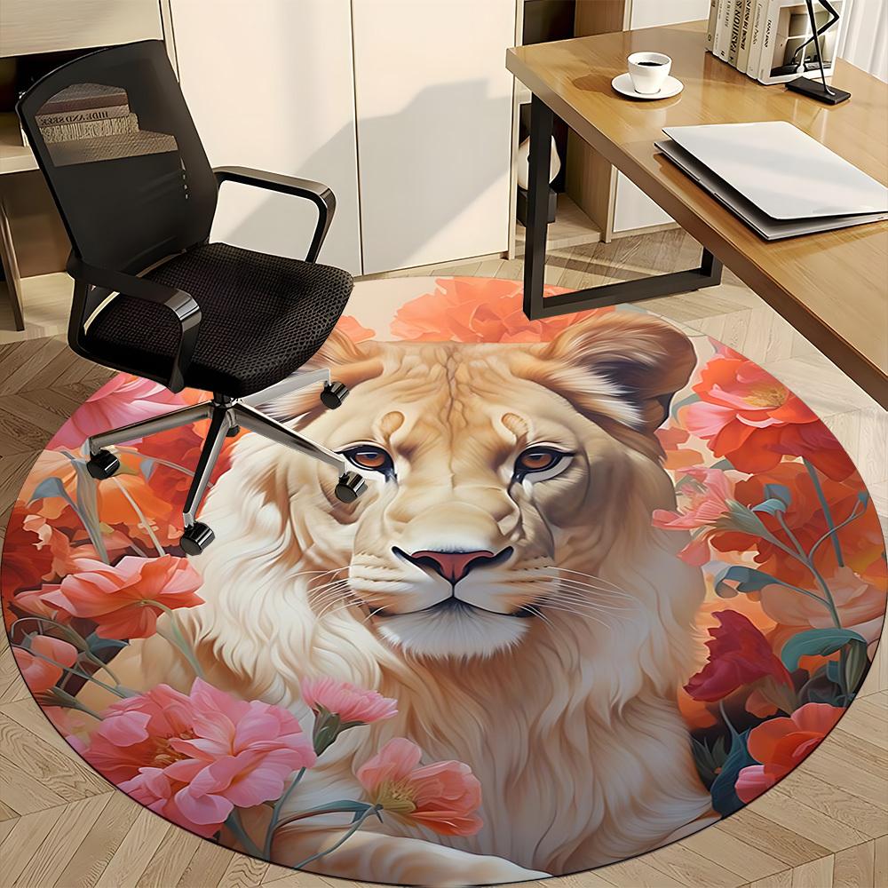 1pc Lion Floral Print Carpet for Office Non-Slip, Round Carpet, Soft & Comfortable, Carpet for Office, Lightweight Round Floor Mat