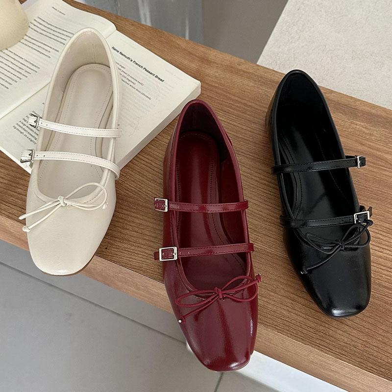 Mode Damen Flaches Schuhwerk Rot Damen Ballerinas Schuhe Schnallenriemen Mode Schmetterlingsknoten Runde Zehenpartie Damen Flats Schuhe Große Größe