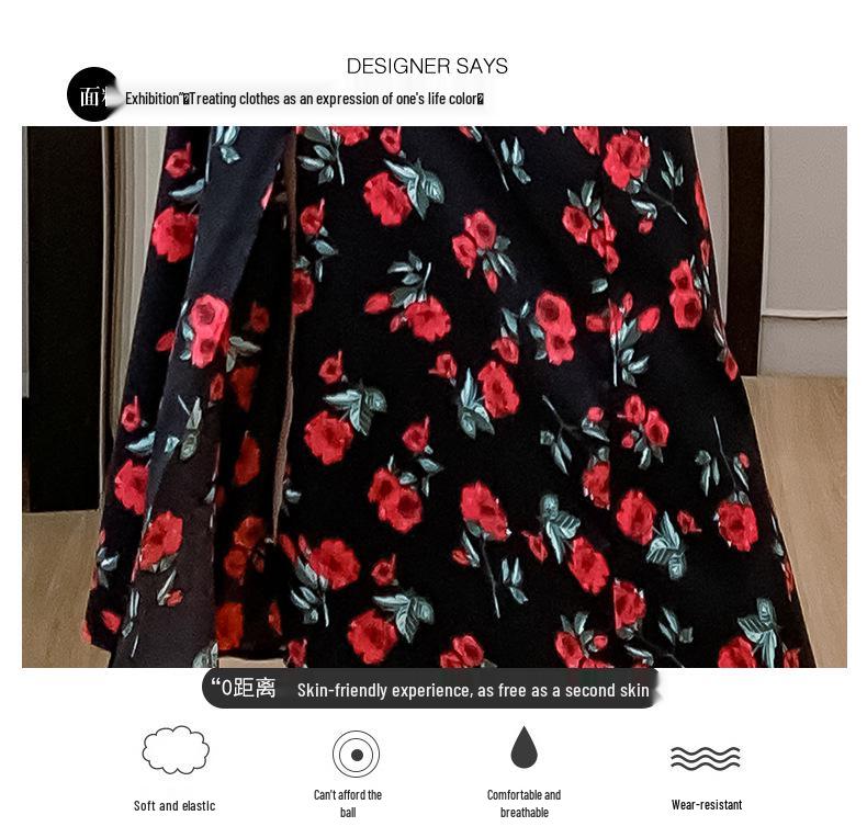 Summer 2024 French Square Neck Rose Print Dress - Gentle Style