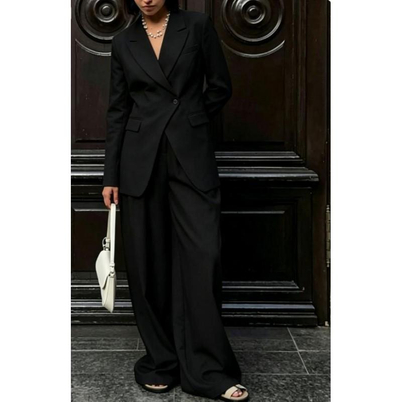Womens 2026 Winter Solid Color Button Front Long Sleeve Blazer Pants Two Piece Set Elegant Office Wear