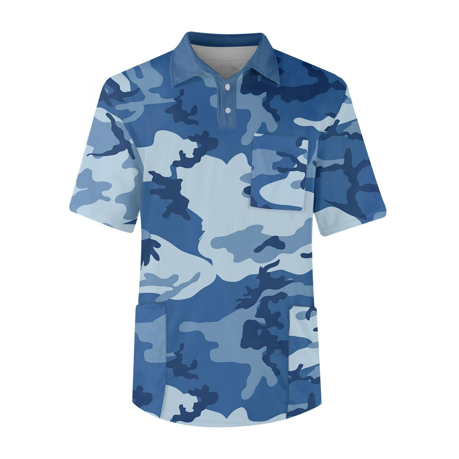 

Чоловічий топ з коротким рукавом, на ґудзиках, з лацканами, камуфляжним принтом та нагрудною кишенею XXXXL синій