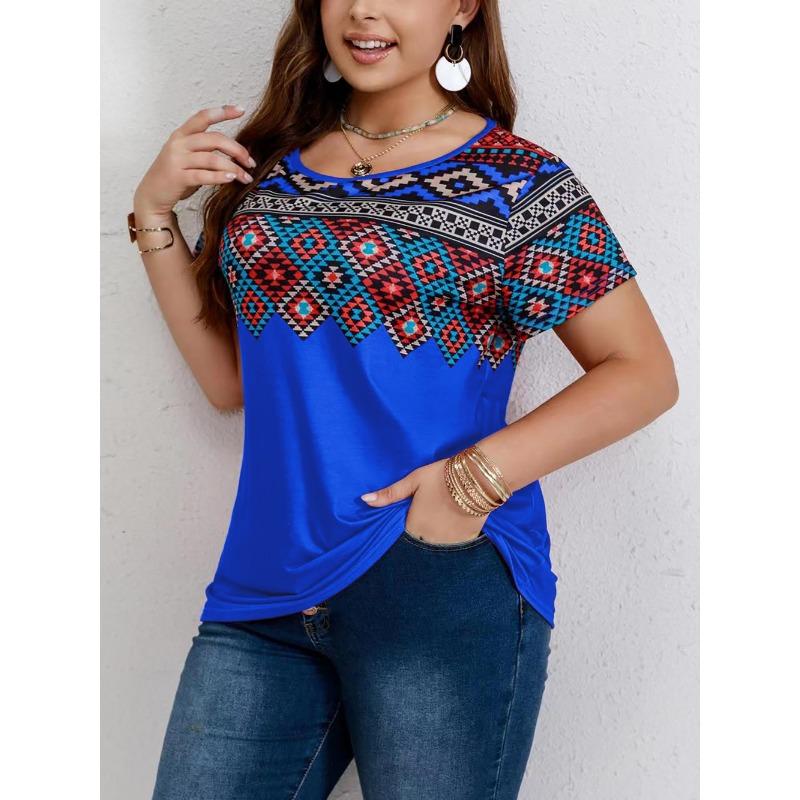 Large casual T-shirt, women's plus Southwest printed round neck short sleeved T-shirt